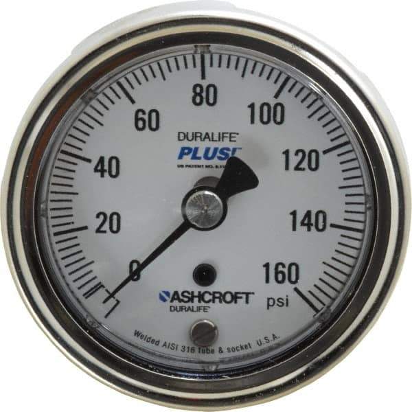 Ashcroft - 2-1/2" Dial, 1/4 Thread, 0-160 Scale Range, Pressure Gauge - Center Back Connection Mount, Accurate to 1% of Scale - Industrial Tool & Supply