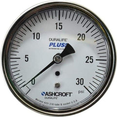 Ashcroft - 3-1/2" Dial, 1/4 Thread, 0-30 Scale Range, Pressure Gauge - Center Back Connection Mount, Accurate to 1% of Scale - Industrial Tool & Supply
