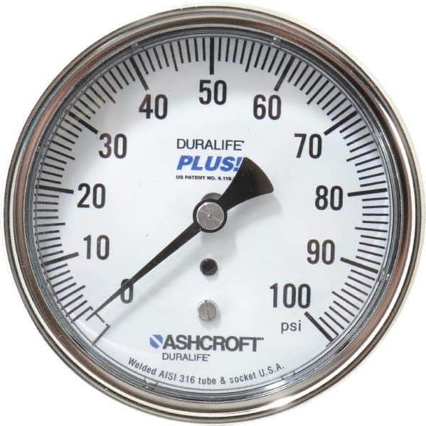 Ashcroft - 3-1/2" Dial, 1/4 Thread, 0-100 Scale Range, Pressure Gauge - Center Back Connection Mount, Accurate to 1% of Scale - Industrial Tool & Supply
