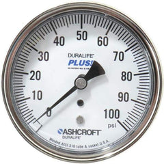 Ashcroft - 3-1/2" Dial, 1/4 Thread, 0-100 Scale Range, Pressure Gauge - Center Back Connection Mount, Accurate to 1% of Scale - Industrial Tool & Supply