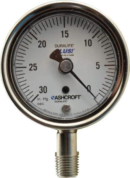 Ashcroft - 2-1/2" Dial, 1/4 Thread, 30-0 Scale Range, Pressure Gauge - Lower Connection Mount, Accurate to 1% of Scale - Industrial Tool & Supply