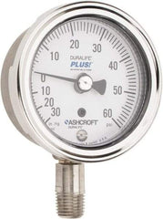 Ashcroft - 2-1/2" Dial, 1/4 Thread, 30-0-60 Scale Range, Pressure Gauge - Lower Connection Mount, Accurate to 1% of Scale - Industrial Tool & Supply
