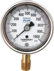 Ashcroft - 2-1/2" Dial, 1/4 Thread, 0-1,000 Scale Range, Pressure Gauge - Lower Connection Mount, Accurate to 1% of Scale - Industrial Tool & Supply