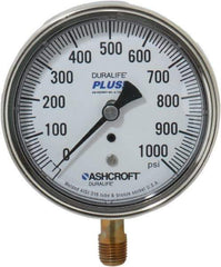 Ashcroft - 3-1/2" Dial, 1/4 Thread, 0-1,000 Scale Range, Pressure Gauge - Lower Connection Mount, Accurate to 1% of Scale - Industrial Tool & Supply