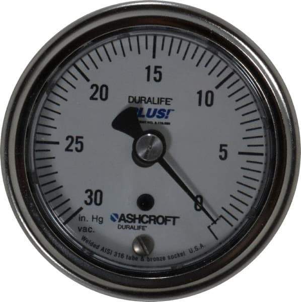 Ashcroft - 2-1/2" Dial, 1/4 Thread, 30-0 Scale Range, Pressure Gauge - Center Back Connection Mount, Accurate to 1% of Scale - Industrial Tool & Supply