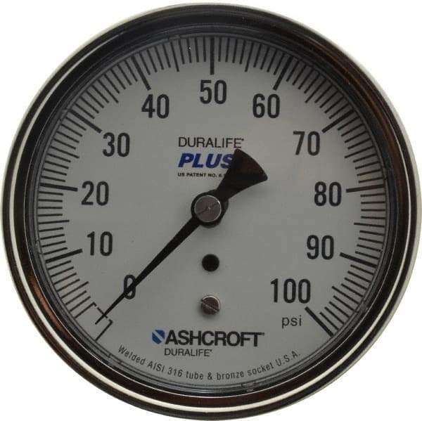Ashcroft - 3-1/2" Dial, 1/4 Thread, 0-100 Scale Range, Pressure Gauge - Center Back Connection Mount, Accurate to 1% of Scale - Industrial Tool & Supply
