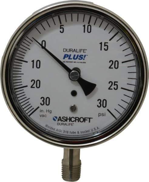 Ashcroft - 3-1/2" Dial, 1/4 Thread, 30-0-30 Scale Range, Pressure Gauge - Lower Connection Mount, Accurate to 1% of Scale - Industrial Tool & Supply