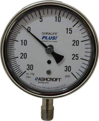 Ashcroft - 3-1/2" Dial, 1/4 Thread, 30-0-30 Scale Range, Pressure Gauge - Lower Connection Mount, Accurate to 1% of Scale - Industrial Tool & Supply