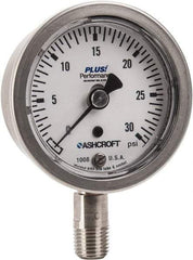 Ashcroft - 2-1/2" Dial, 1/4 Thread, 0-30 Scale Range, Pressure Gauge - Lower Connection Mount, Accurate to 3-2-3% of Scale - Industrial Tool & Supply