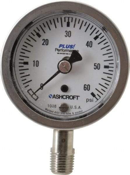 Ashcroft - 2-1/2" Dial, 1/4 Thread, 0-60 Scale Range, Pressure Gauge - Lower Connection Mount, Accurate to 3-2-3% of Scale - Industrial Tool & Supply