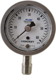 Ashcroft - 2-1/2" Dial, 1/4 Thread, 0-60 Scale Range, Pressure Gauge - Lower Connection Mount, Accurate to 3-2-3% of Scale - Industrial Tool & Supply