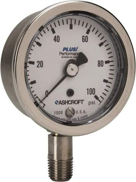 Ashcroft - 2-1/2" Dial, 1/4 Thread, 0-100 Scale Range, Pressure Gauge - Lower Connection Mount, Accurate to 3-2-3% of Scale - Industrial Tool & Supply
