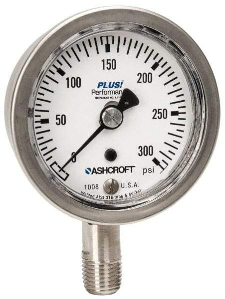 Ashcroft - 2-1/2" Dial, 1/4 Thread, 0-300 Scale Range, Pressure Gauge - Lower Connection Mount, Accurate to 3-2-3% of Scale - Industrial Tool & Supply