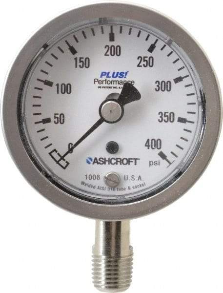 Ashcroft - 2-1/2" Dial, 1/4 Thread, 0-400 Scale Range, Pressure Gauge - Lower Connection Mount, Accurate to 3-2-3% of Scale - Industrial Tool & Supply