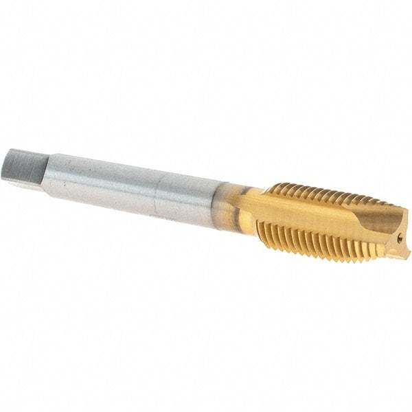 OSG - 7/16-20 UNF, 3 Flute, TiN Finish, Vanadium High Speed Steel Spiral Point Tap - Plug Chamfer, Right Hand Thread, 3-5/32" OAL, 1-7/16" Thread Length, 0.323" Shank Diam - Exact Industrial Supply