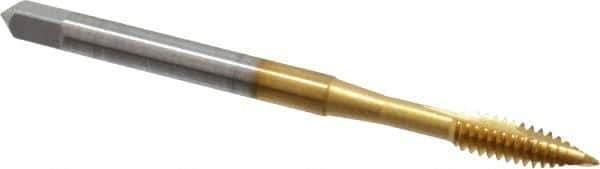 OSG - #6-32 UNC, 2 Flute, TiN Finish, High Speed Steel Spiral Point Tap - Plug Chamfer, Right Hand Thread, 2" OAL, 3/4" Thread Length, 0.168" Shank Diam, Series 105 - Exact Industrial Supply