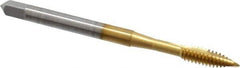 OSG - #6-32 UNC, 2 Flute, TiN Finish, High Speed Steel Spiral Point Tap - Plug Chamfer, Right Hand Thread, 2" OAL, 3/4" Thread Length, 0.168" Shank Diam, Series 105 - Exact Industrial Supply
