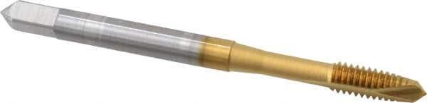 OSG - #8-32 UNC, 2 Flute, TiN Finish, High Speed Steel Spiral Point Tap - Plug Chamfer, Right Hand Thread, 2-1/8" OAL, 3/4" Thread Length, 0.168" Shank Diam, Series 105 - Exact Industrial Supply