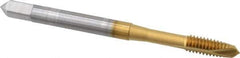 OSG - #8-32 UNC, 2 Flute, TiN Finish, High Speed Steel Spiral Point Tap - Plug Chamfer, Right Hand Thread, 2-1/8" OAL, 3/4" Thread Length, 0.168" Shank Diam, Series 105 - Exact Industrial Supply