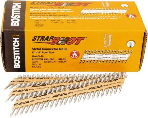 Stanley Bostitch - 16 Gauge 0.0598" Shank Diam 1-1/2" Long Metal Connecting Nails for Power Nailers - Steel, Bright Finish, Smooth Shank, Angled Stick Paper Tape Collation, Round Head - Industrial Tool & Supply
