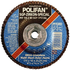 PFERD - 40 Grit, 7" Disc Diam, 5/8-11 Center Hole, Type 29 Zirconia Alumina Flap Disc - 8,600 Max RPM, Fiberglass Backing, Arbor Attaching System, Coated - Industrial Tool & Supply