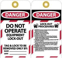 NMC - 3" High x 6" Long, DANGER - DO NOT OPERATE - EQUIPMENT LOCK-OUT - TAG & LOCK TO BE REMOVED ONLY BY:, English Safety & Facility Lockout Tag - Tag Header: Danger, 2 Sides, Black, Red & White Unrippable Vinyl - Industrial Tool & Supply