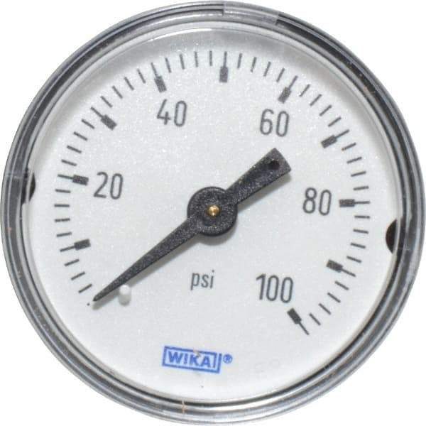 Wika - 1-1/2" Dial, 1/8 Thread, 0-100 Scale Range, Pressure Gauge - Center Back Connection Mount, Accurate to 3-2-3% of Scale - Industrial Tool & Supply