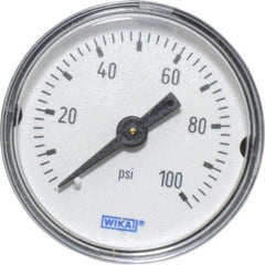 Wika - 1-1/2" Dial, 1/8 Thread, 0-100 Scale Range, Pressure Gauge - Center Back Connection Mount, Accurate to 3-2-3% of Scale - Industrial Tool & Supply