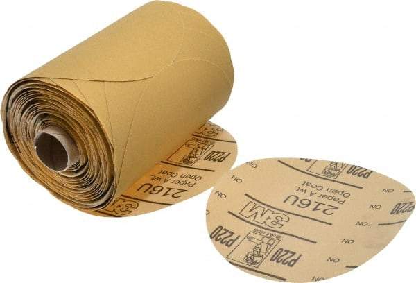 3M - 5" Diam, 220 Grit Aluminum Oxide Adhesive PSA Disc - Very Fine Grade, Gold, A Weighted Backing, Flexible, Use with Random Orbital Sanders - Industrial Tool & Supply