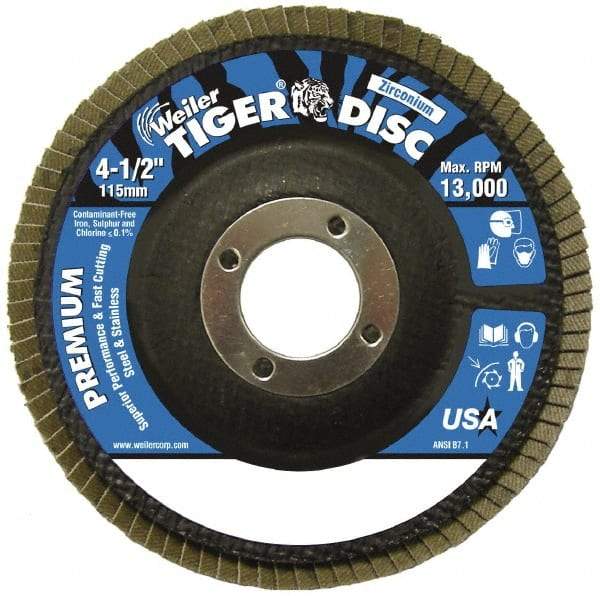 Weiler - 120 Grit, 4-1/2" Disc Diam, 7/8" Center Hole, Type 29 Zirconia Alumina Flap Disc - 13,000 Max RPM, Phenolic Backing, Arbor Attaching System, Coated - Industrial Tool & Supply
