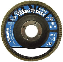 Weiler - 120 Grit, 4-1/2" Disc Diam, 7/8" Center Hole, Type 29 Zirconia Alumina Flap Disc - 13,000 Max RPM, Phenolic Backing, Arbor Attaching System, Coated - Industrial Tool & Supply