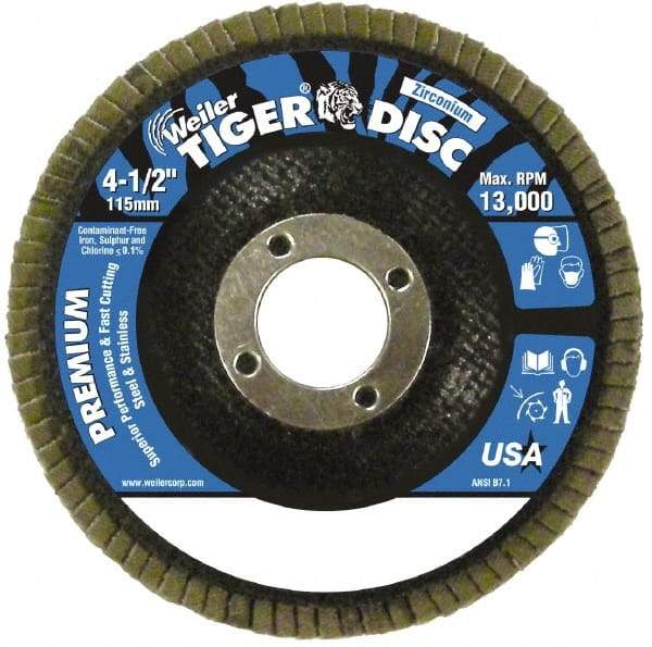 Weiler - 120 Grit, 4-1/2" Disc Diam, 7/8" Center Hole, Type 27 Zirconia Alumina Flap Disc - 13,000 Max RPM, Phenolic Backing, Arbor Attaching System, Coated - Industrial Tool & Supply