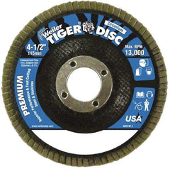 Weiler - 120 Grit, 4-1/2" Disc Diam, 7/8" Center Hole, Type 27 Zirconia Alumina Flap Disc - 13,000 Max RPM, Phenolic Backing, Arbor Attaching System, Coated - Industrial Tool & Supply