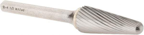 M.A. Ford - 1/2" Cut Diam, 1/4" Shank Diam, Taper Head Single Cut Burr - Carbide, Radius End, 1-3/16" LOC, 3-1/4" OAL - Industrial Tool & Supply