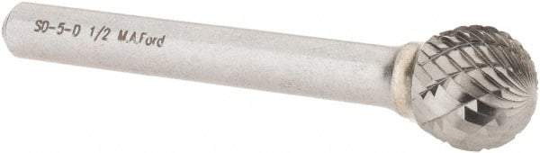 M.A. Ford - 1/2" Cut Diam, 1/4" Shank Diam, Ball Head Double Cut Burr - Carbide, Radius End, 7/16" LOC, 2-7/16" OAL - Industrial Tool & Supply