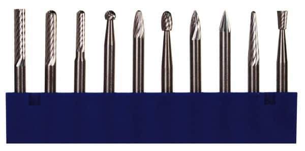 M.A. Ford - 10 Piece, 1/8" Shank Burr Set - Tungsten Carbide, Multiple Head Shape - Industrial Tool & Supply