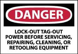 NMC - Accident Prevention Label, Header: DANGER - Legend: Danger - Lock Out, Tag-out Power Before Servicing, Repairing, Cleaning, or Retooling Equipment, English, Red, Black & White, 5" Long x 3" High, Sign Muscle Finish - Industrial Tool & Supply