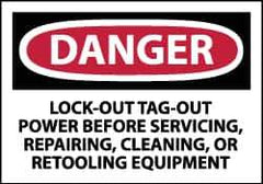 NMC - Accident Prevention Label, Header: DANGER - Legend: Danger - Lock Out, Tag-out Power Before Servicing, Repairing, Cleaning, or Retooling Equipment, English, Red, Black & White, 5" Long x 3" High, Sign Muscle Finish - Industrial Tool & Supply