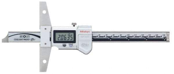 Mitutoyo - 0mm to 150mm Stainless Steel Electronic Depth Gage - 0.02mm Accuracy, 0.01mm Resolution, 100mm Base Length - Industrial Tool & Supply