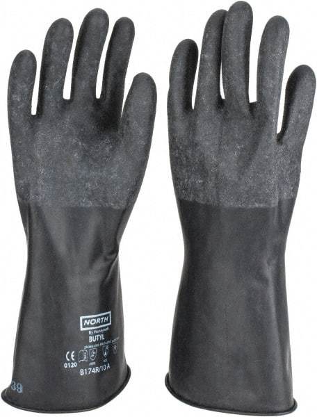 North - Size XL (10), 14" Long, 17 mil Thick, Butyl Chemical Resistant Gloves - Textured Finish, Rolled Cuff, Black - Industrial Tool & Supply