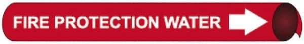 NMC - Pipe Marker with Fire Protection Water Legend and Arrow Graphic - 1-1/8 to 2-3/8" Pipe Outside Diam, White on Red - Industrial Tool & Supply