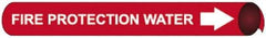 NMC - Pipe Marker with Fire Protection Water Legend and Arrow Graphic - 1-1/8 to 2-3/8" Pipe Outside Diam, White on Red - Industrial Tool & Supply
