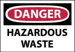 NMC - Hazardous Materials Label, Header: DANGER - Legend: Danger - Hazardous Waste, English, Red, Black & White, 5" Long x 3" High, Sign Muscle Finish - Industrial Tool & Supply