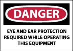 NMC - Accident Prevention Label, Header: DANGER - Legend: Danger - Eye and Ear Protection Required While Operating This Equipment, English, Red, Black & White, 5" Long x 3" High, Sign Muscle Finish - Industrial Tool & Supply
