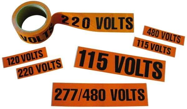 NMC - Electrical Markers Label - Legend: 277/480 Volts, English, Black & Orange, 9" Long x 2-1/4" High, Sign Muscle Finish - Industrial Tool & Supply