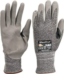 ATG - Size L (9), ANSI Cut Lvl A2, Abrasion Lvl 4, Nitrile Coated Cut Resistant Gloves - Palm & Fingers Coated, Nylon with Glass/Polyester/Lycra Lining, Knit Wrist, Gray/Green, Paired - Industrial Tool & Supply