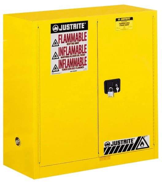 Justrite - 2 Door, 1 Shelf, Yellow Steel Standard Safety Cabinet for Flammable and Combustible Liquids - 44" High x 43" Wide x 18" Deep, Manual Closing Door, 3 Point Key Lock, 30 Gal Capacity - Industrial Tool & Supply