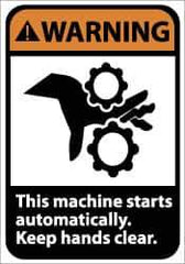NMC - Accident Prevention Label, Header: WARNING - Legend: Warning - This Machine Starts Automatically - Keep Hands Clear, English, Black & Orange, 5" Long x 3" High, Sign Muscle Finish - Industrial Tool & Supply