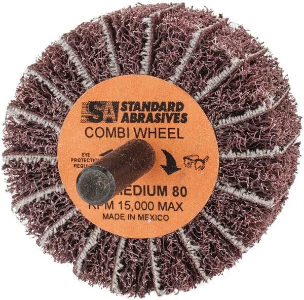 Standard Abrasives - 2" Diam x 1" Face Width, Medium Aluminum Oxide Coated Mounted Flap Wheel - 1/4" Shank Mount, 80 Grit, 15,000 Max RPM - Industrial Tool & Supply