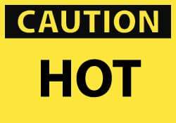 NMC - Hazardous Materials Label, Header: CAUTION - Legend: Caution - Hot, English, Black & Yellow, 5" Long x 3" High, Sign Muscle Finish - Industrial Tool & Supply